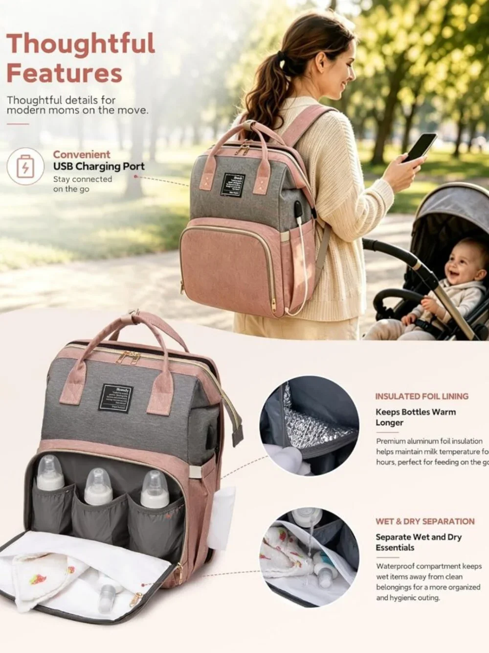 Stylish Diaper Bag Backpack with Changing Station - Pink Baby Essentials for New